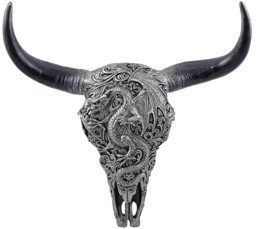 Zeige Details für Stierschädel m. Drachenmotiv Wanddeko Bild von Stierschädel m. Drachenmotiv Wanddeko