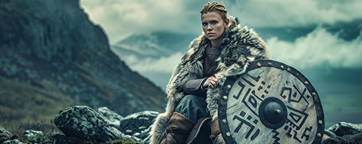 Wikingerfrau mit Schild und Fell am Fjord