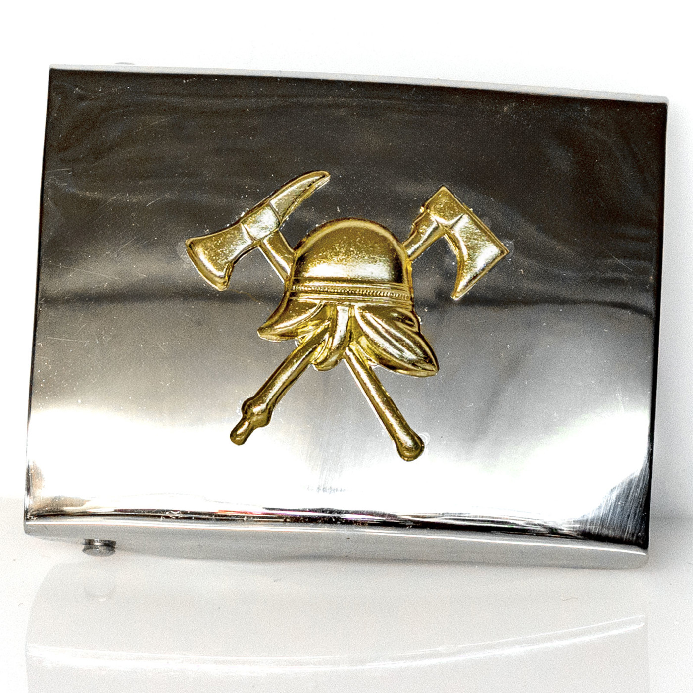 Bild von Koppelschloss Feuerwehr | Silber mit goldfarbener Helm-Axt-Beil Auflage | ca. 65 x 48 mm