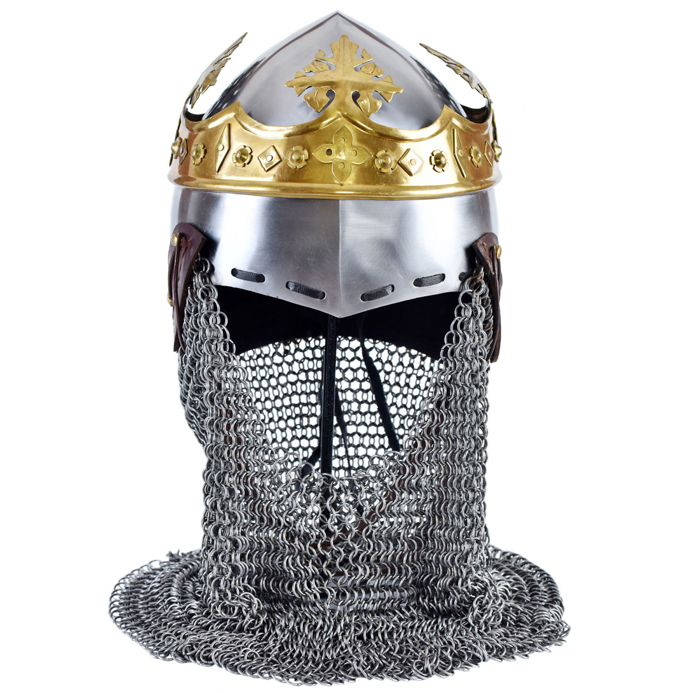Bild von Ritterhelm Robert Bruce – Mittelalterliche Beckenhaube mit Messingkrone und Kettenbrünne