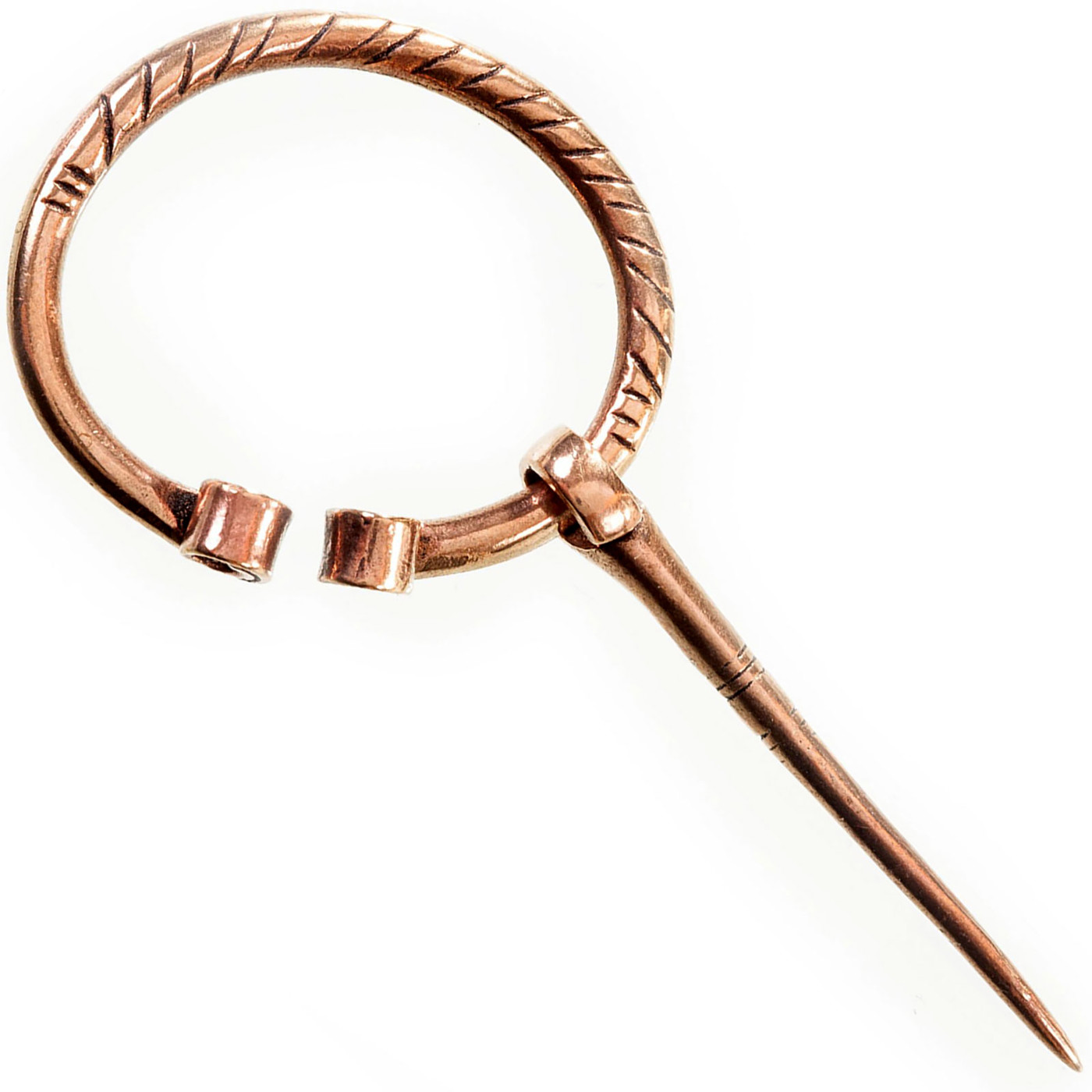 Kleine Wikinger-Fibel aus Bronze mit schlichter Verzierung – authentische mittelalterliche Gewandschließe für Tunika, Mantel oder Wadenwickel, ideal für Reenactment und LARP