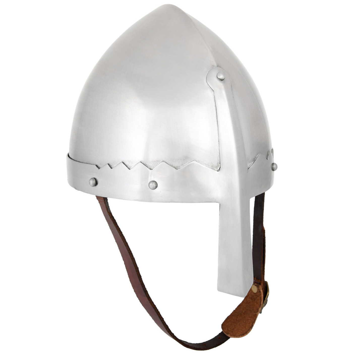 Normannischer Nasalhelm aus 1,6 mm Stahl mit Lederinlay und Kinnriemen – authentischer Mittelalterhelm des 11. Jahrhunderts