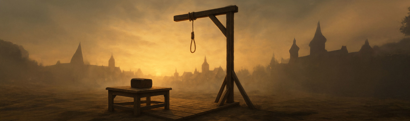 Galgen und Richtbank vor Stadtsilhouette bei Sonnenaufgang Galgen vor Stadt bei Sonnenaufgang