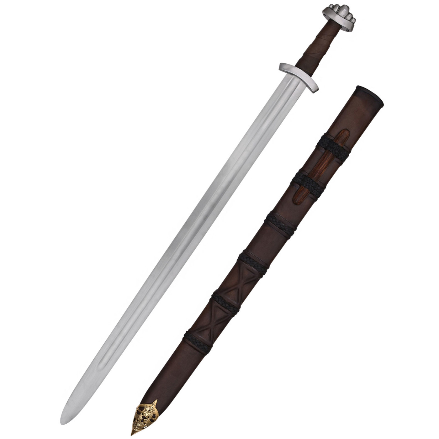 Wikingerschwert mit Scheide aus dem 10. Jahrhundert mit Hohlkehle, lederumwickeltem Griff und Messing-Ortblech