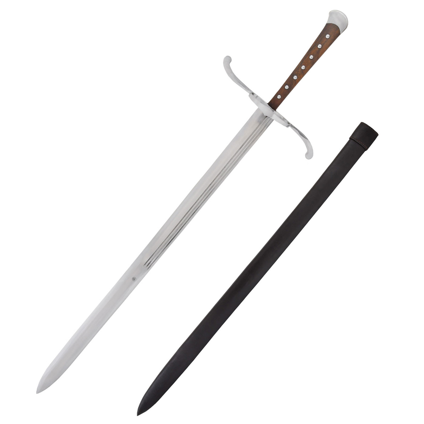 Langes Messer um 1510 mit S-förmiger Parierstange, Holzgriff und Lederscheide – historische Mittelalter Replik