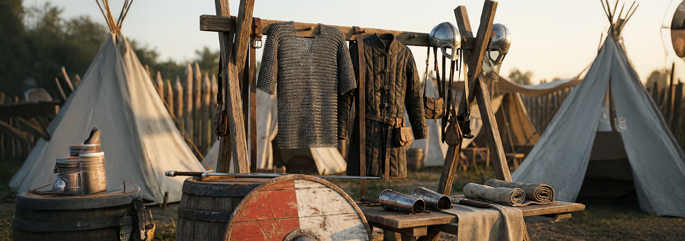 MIttelalterlager mit Rüstungsständer
