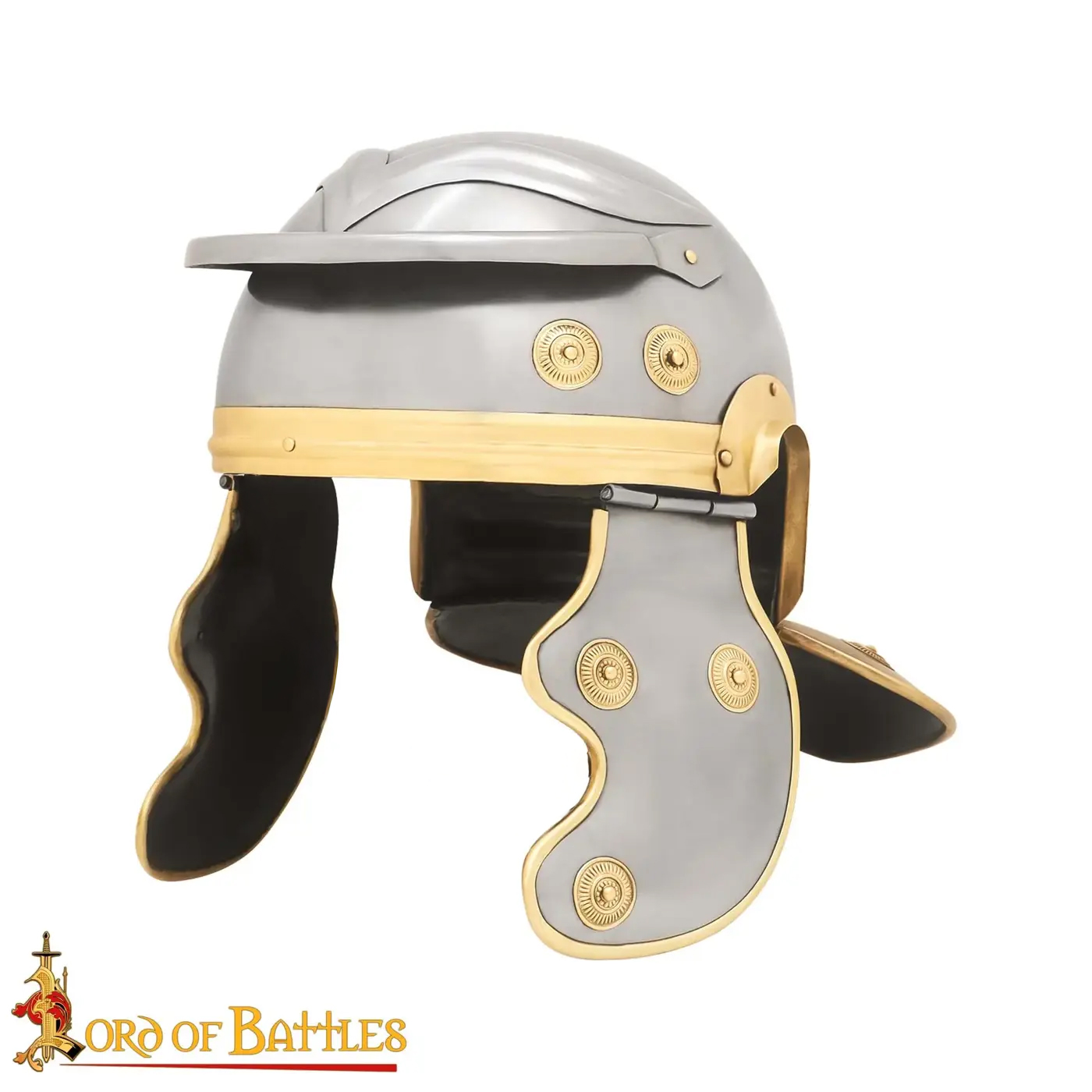 Römischer Legionärshelm Galea aus Stahl mit beweglichem Visier, Wangenklappen und Messingverzierungen