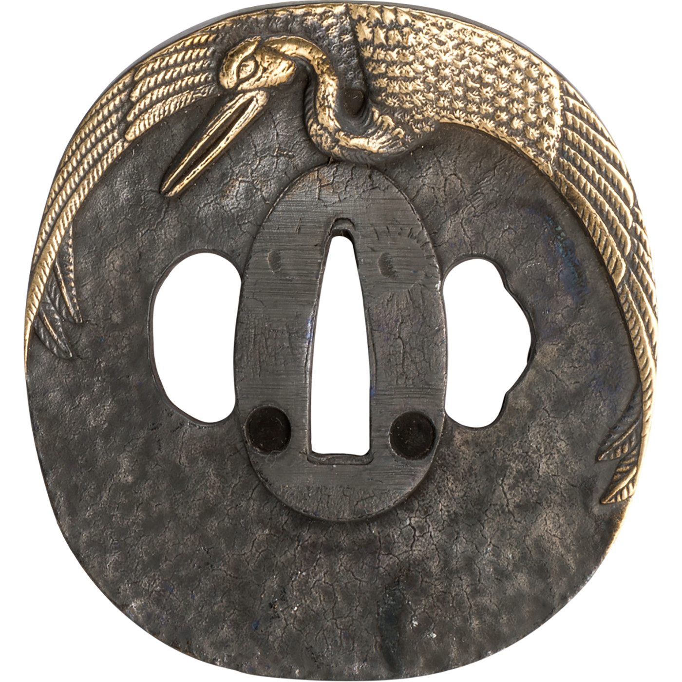 Japanische Samurai Tsuba mit goldenem Kranich – Symbol für Glück und Langlebigkeit