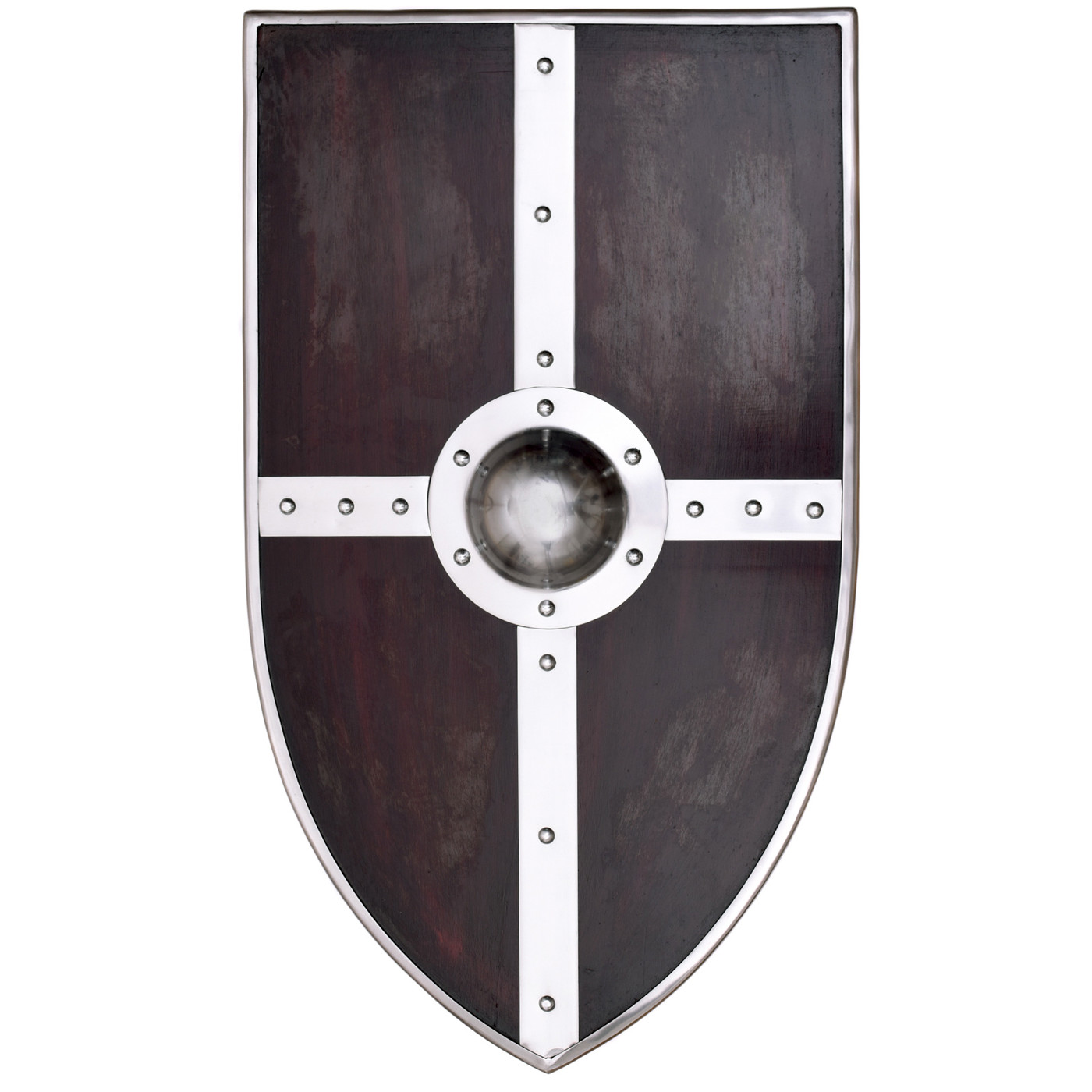 Holzschild in mittelalterlicher Wappenform mit Stahlbeschlägen und Schildbuckel