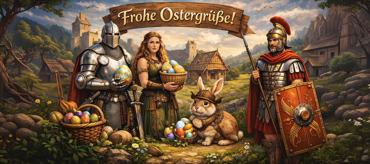 Frohe Ostergrüße Banner mit Ritter, Römer und keltischer Frau sowie Osterhase und Ostereiern