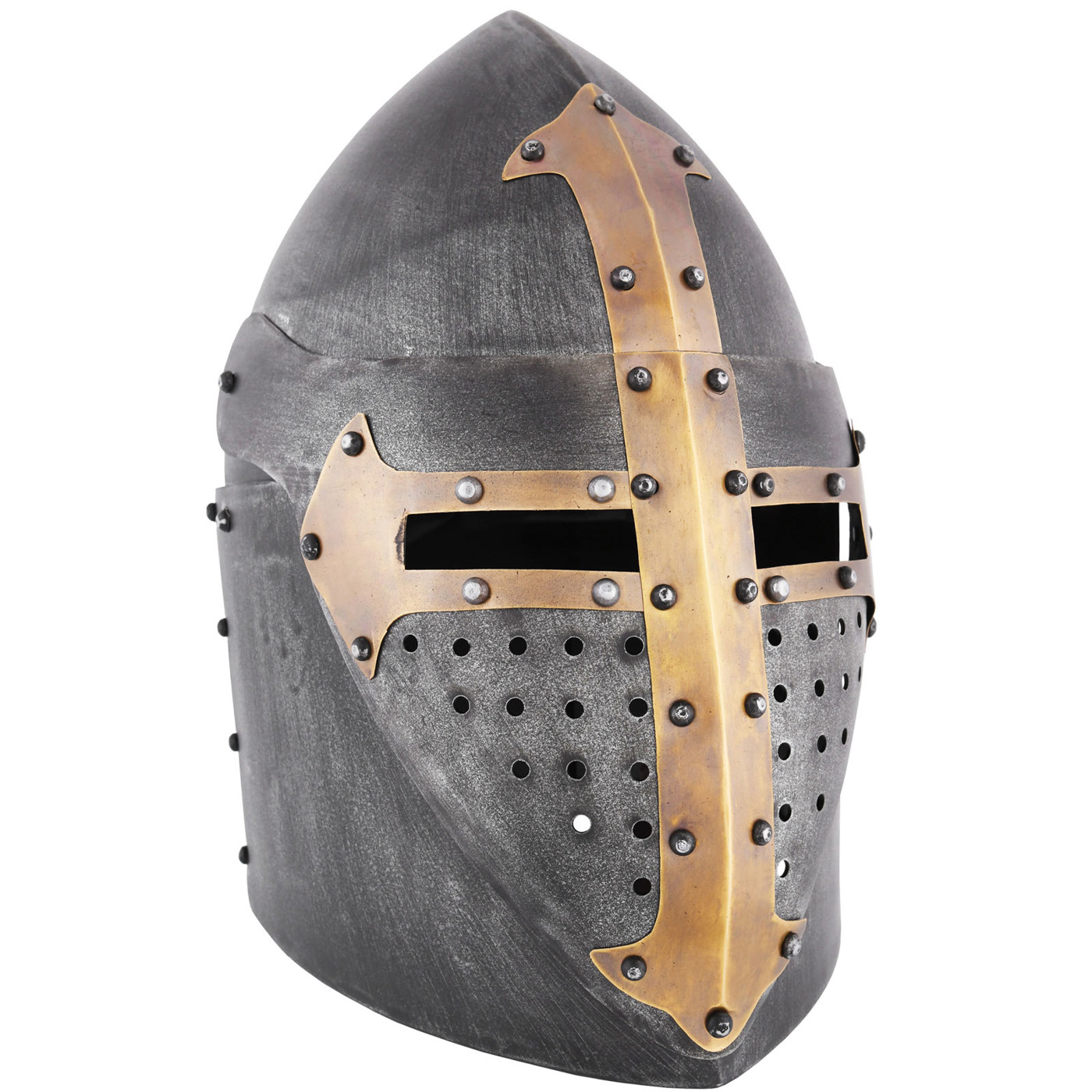 Ritterhelm Topfhelm mit Klappvisier und Messingkreuz im Mittelalter Stil