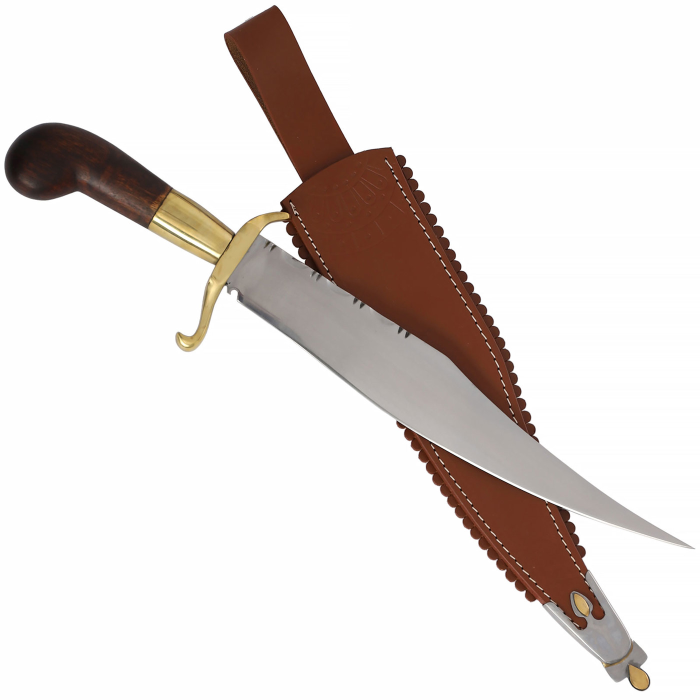 Mexikanisches Bowie Messer aus 1085 Kohlenstoffstahl – handgeschmiedete Vollerl-Klinge mit Messing-Parierstange & Lederscheide