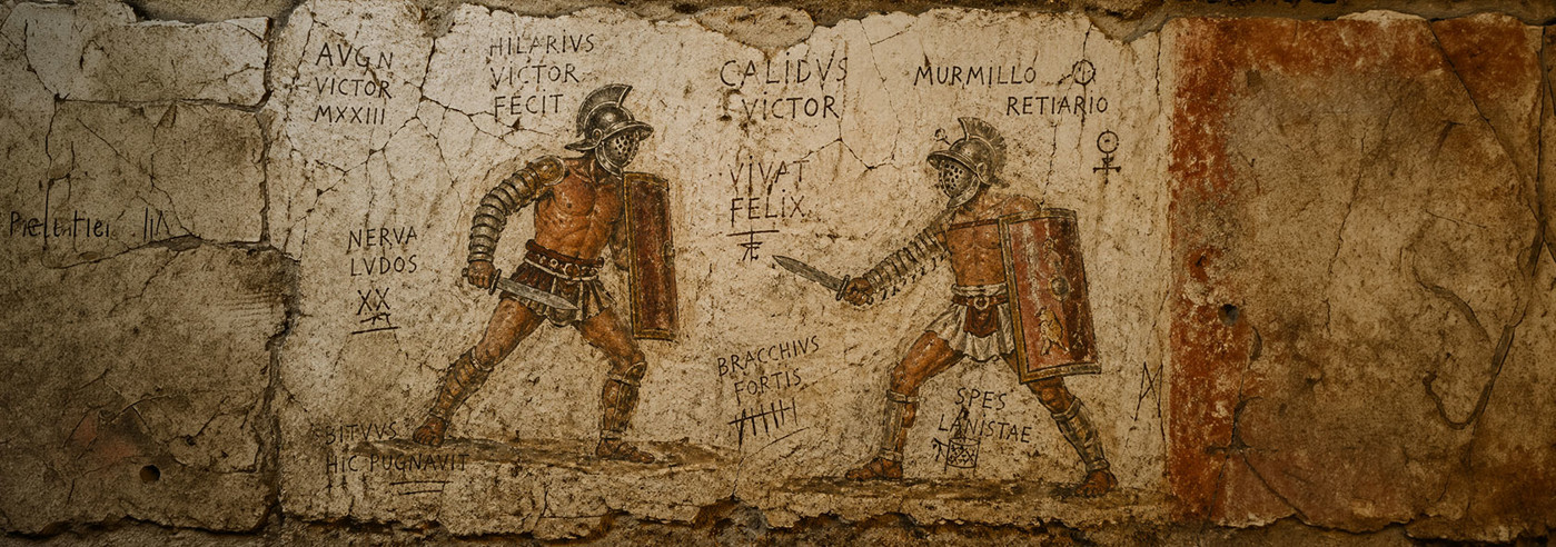 Wandgraffiti von Gladiatoren beim Kampf
