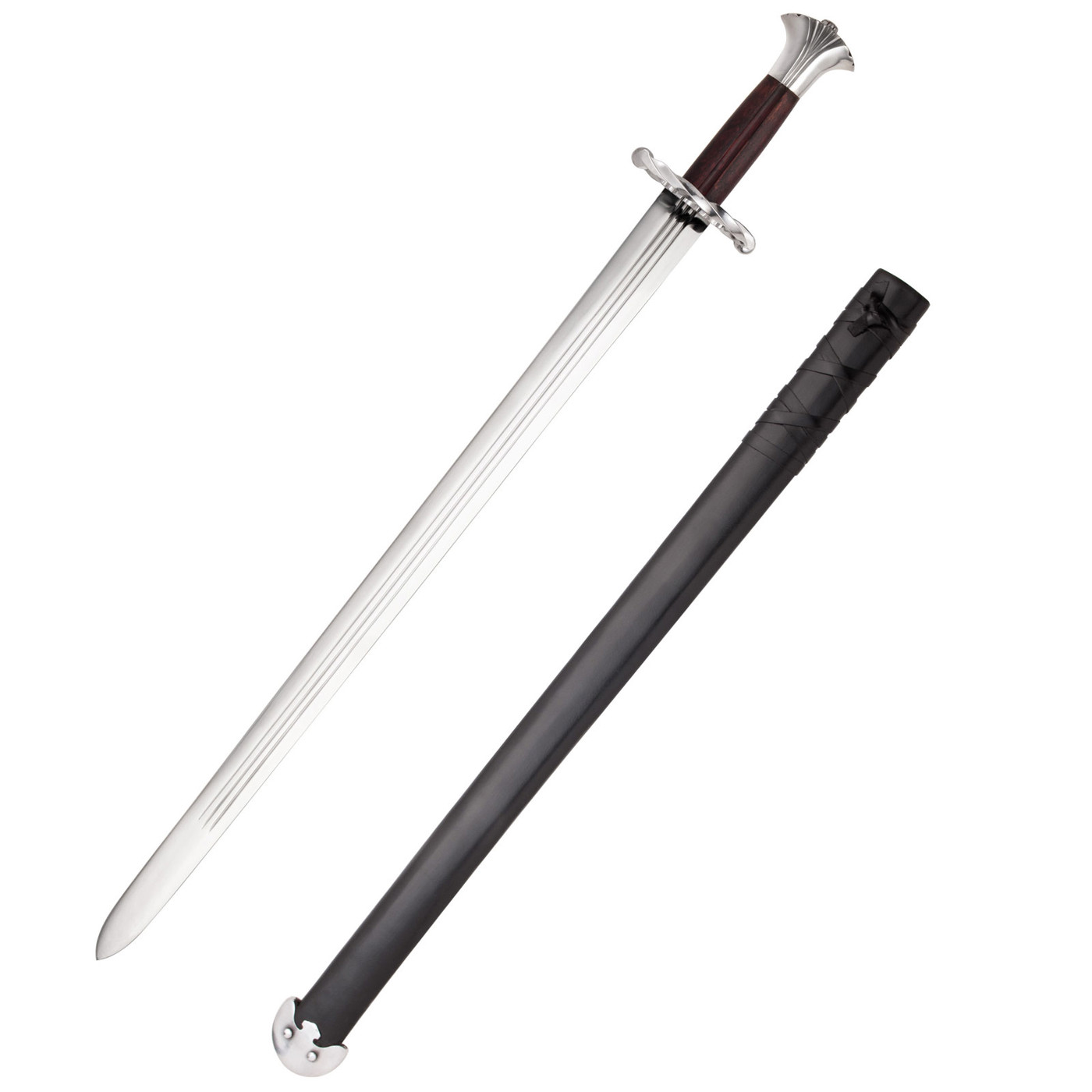 Historisches Landsknecht Katzbalger Schwert von Windlass mit gedrehter Parierstange und schwarzer Lederscheide aus der Renaissance