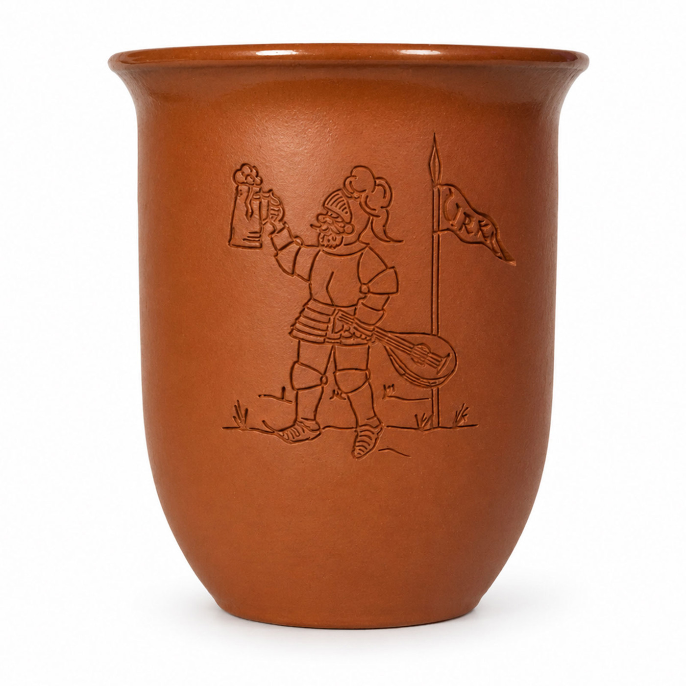 Rustikaler Tonbecher mit Rittermotiv für Mittelalter, Reenactment und Tavernenabende