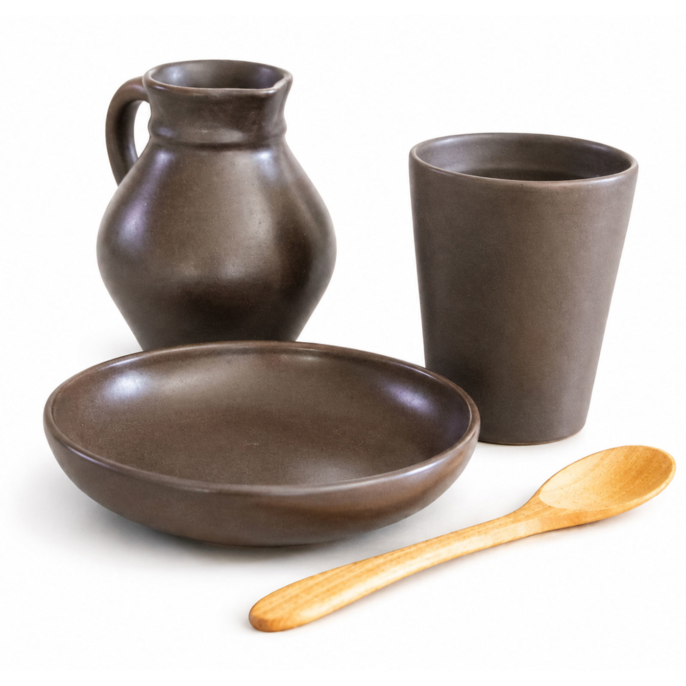Wikinger Geschirr-Set aus Ton im Dekor Toledo mit Krug, Schale, Bierbecher und Holzlöffel