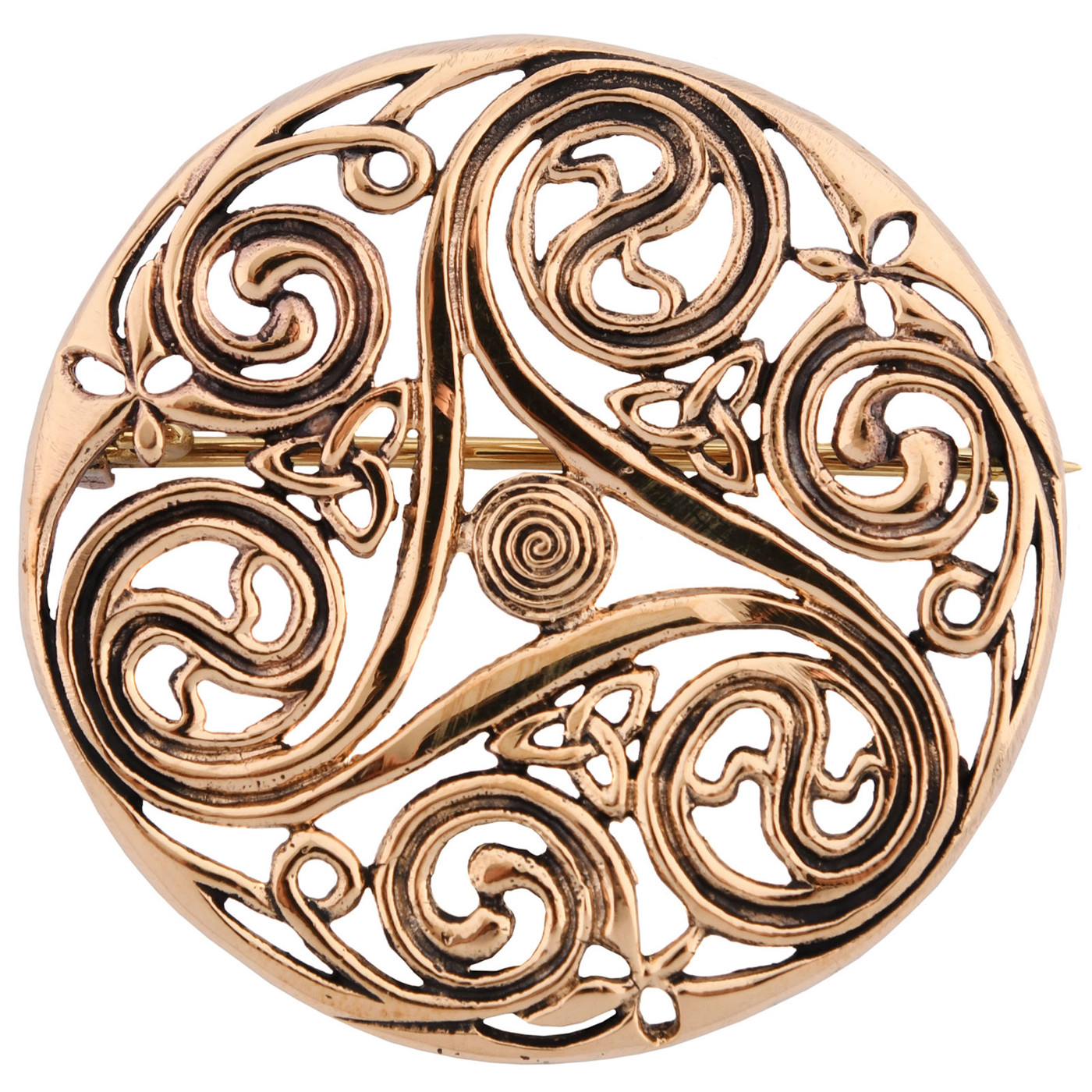 Produktfoto einer keltischen Triskele-Brosche aus Bronze mit Spiralornament