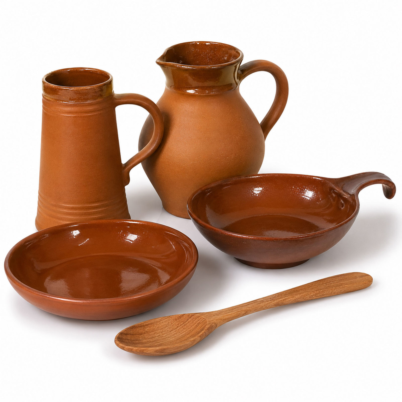 Mittelalterliches Schankknecht-Bundle aus Ton – 5-teilig mit Krug, Humpen, Schalen & Holzlöffel