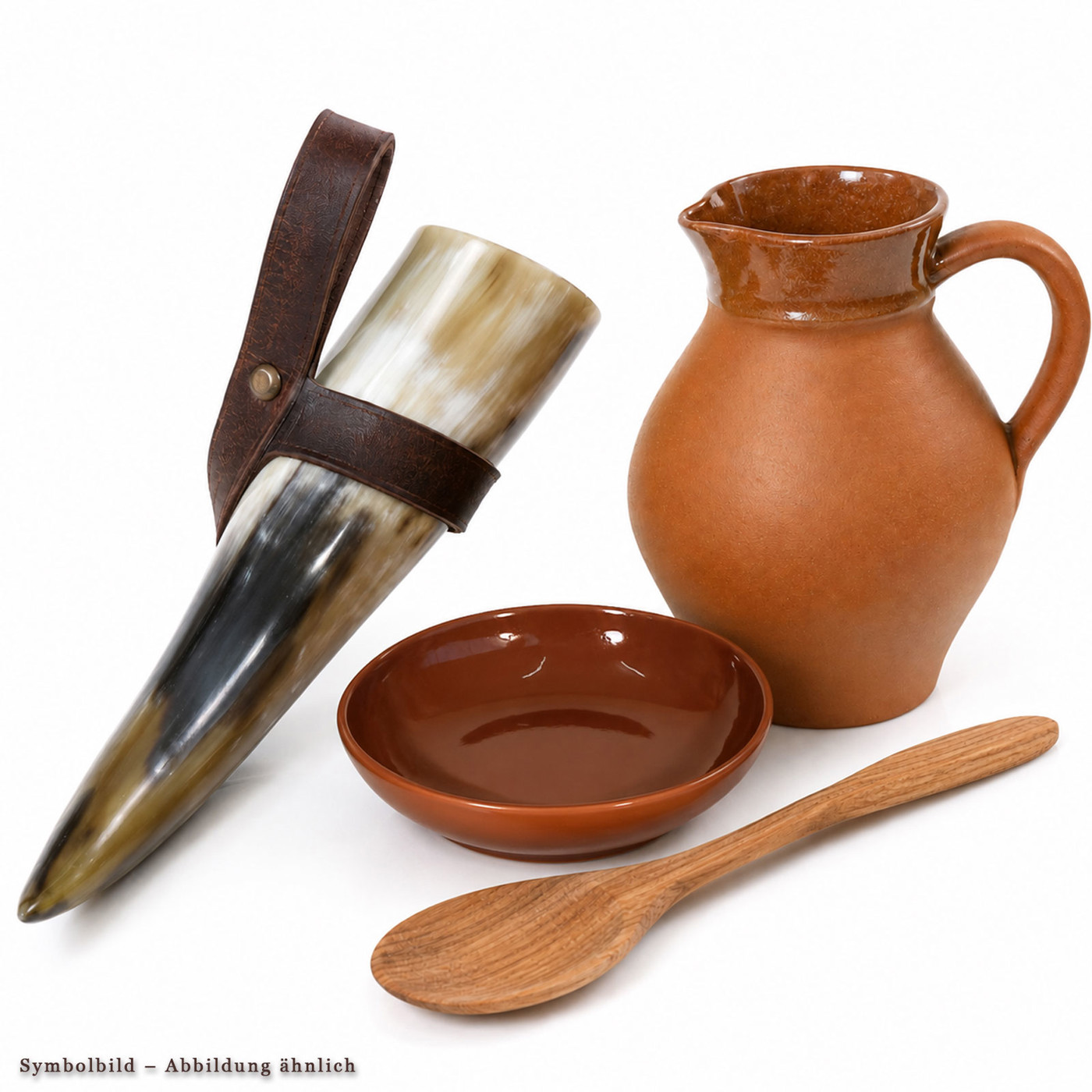 Premium-Wikinger-Set aus Ton, Naturhorn, Kirschholz und Leder für Reenactment