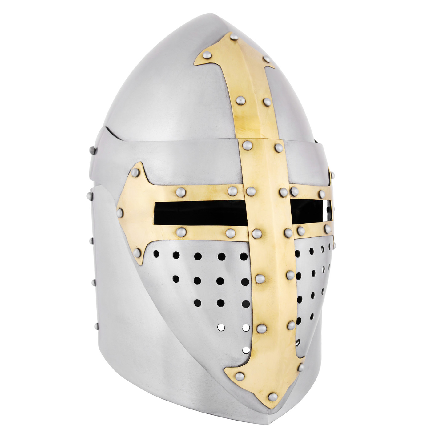 Freigestellter Topfhelm aus poliertem Stahl mit Klappvisier für LARP und Sammlung