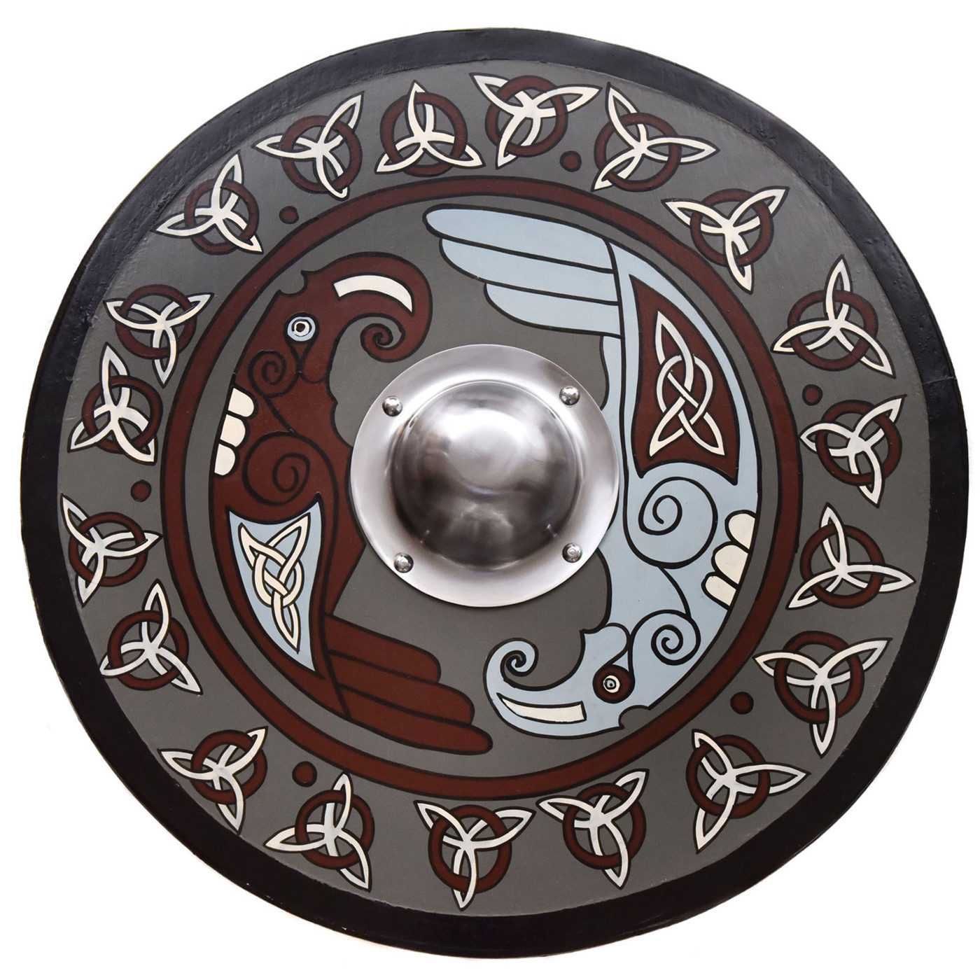 Wikingerschild aus Holz 61 cm mit Stahlbuckel, Raben und Triquetra-Motiven