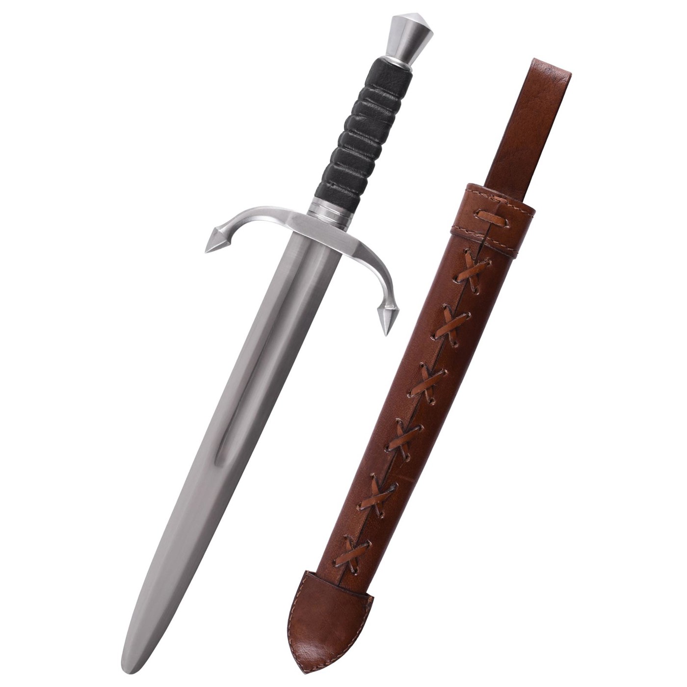 Renaissance-Parierdolch mit gebogenem Handschutz und brauner Lederscheide