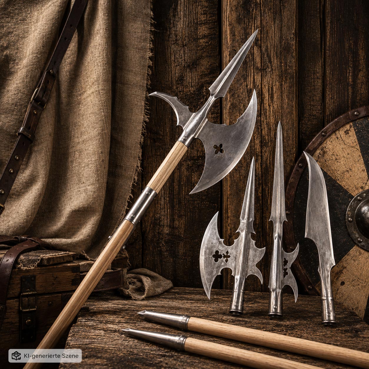 Mittelalterliche Hellebarden und historische Stangenwaffen mit Holzschäften