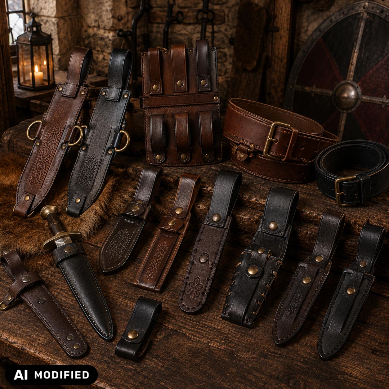 Mittelalterliche Schwerthalter, Schwertfrösche sowie Dolch- und Saxhalter aus braunem und schwarzem Leder