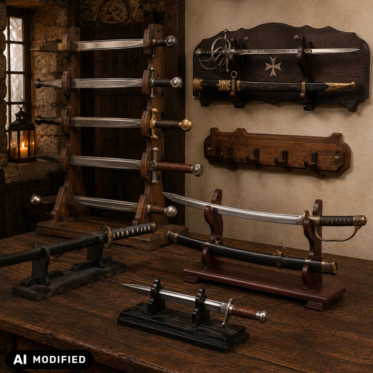 Schwertständer und Wandhalter aus Holz zur Präsentation von Schwertern, Säbeln, Dolchen und Katana