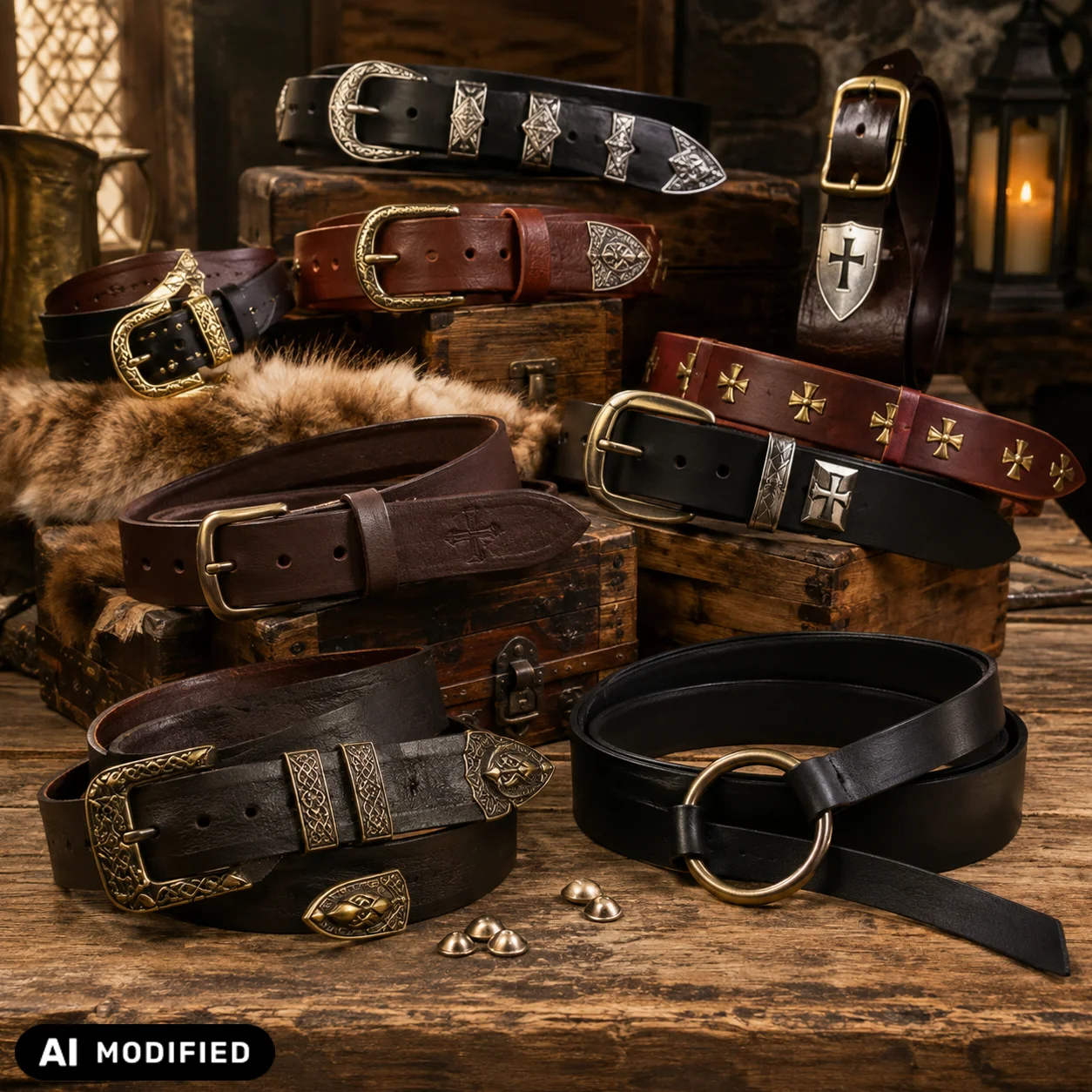 Mittelalterliche Ledergürtel, Wikingergürtel und Ringgürtel aus Leder mit historischen Schnallen und Beschlägen