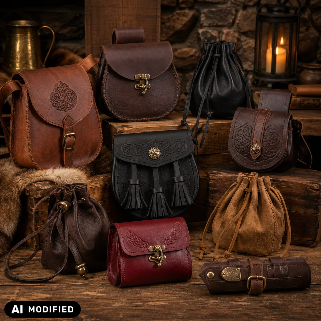 Mittelalterliche Gürteltaschen, Lederbeutel und historische Ledertaschen aus braunem, schwarzem und naturfarbenem Leder