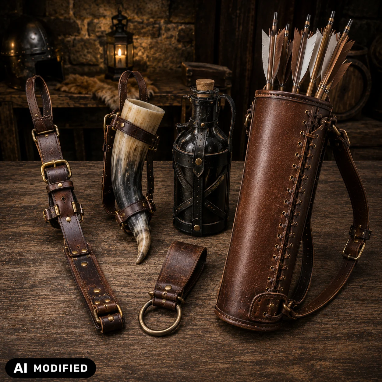 Historische Lederhalter und Tragezubehör mit Köcher, Trinkhornhalter, Flaschenhalter und Gürtelhalter aus Leder