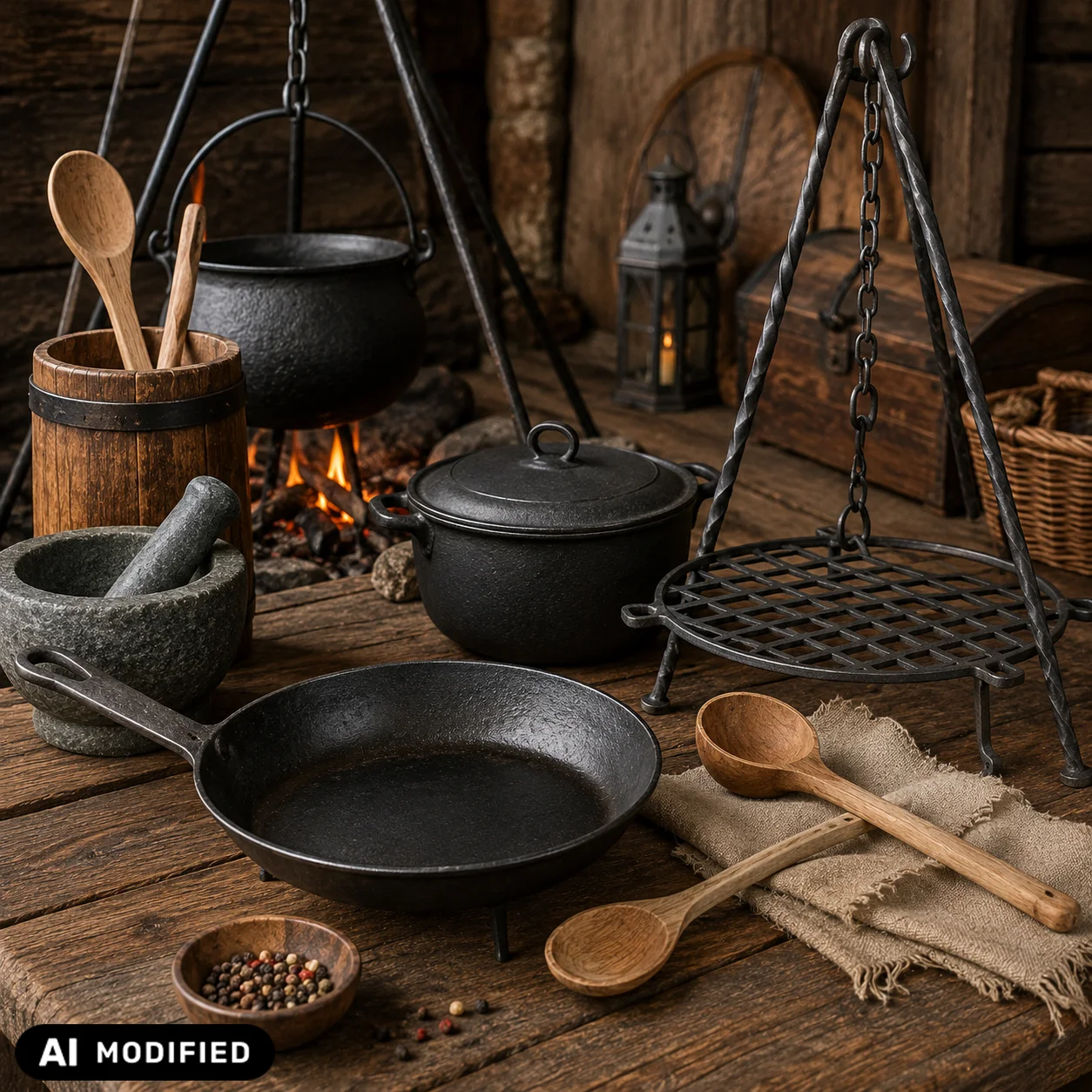 Historische Lagerküche mit Eisenpfanne, Kochtöpfen, Dreibein, Grillrost, Mörser und Kochlöffeln aus Holz