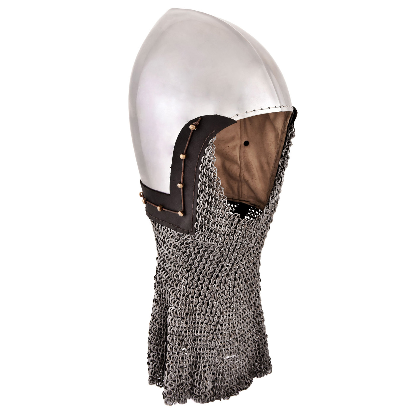Beckenhaube aus 2 mm Stahl mit Kettenbrünne aus Flachringen, 14. bis 15. Jahrhundert