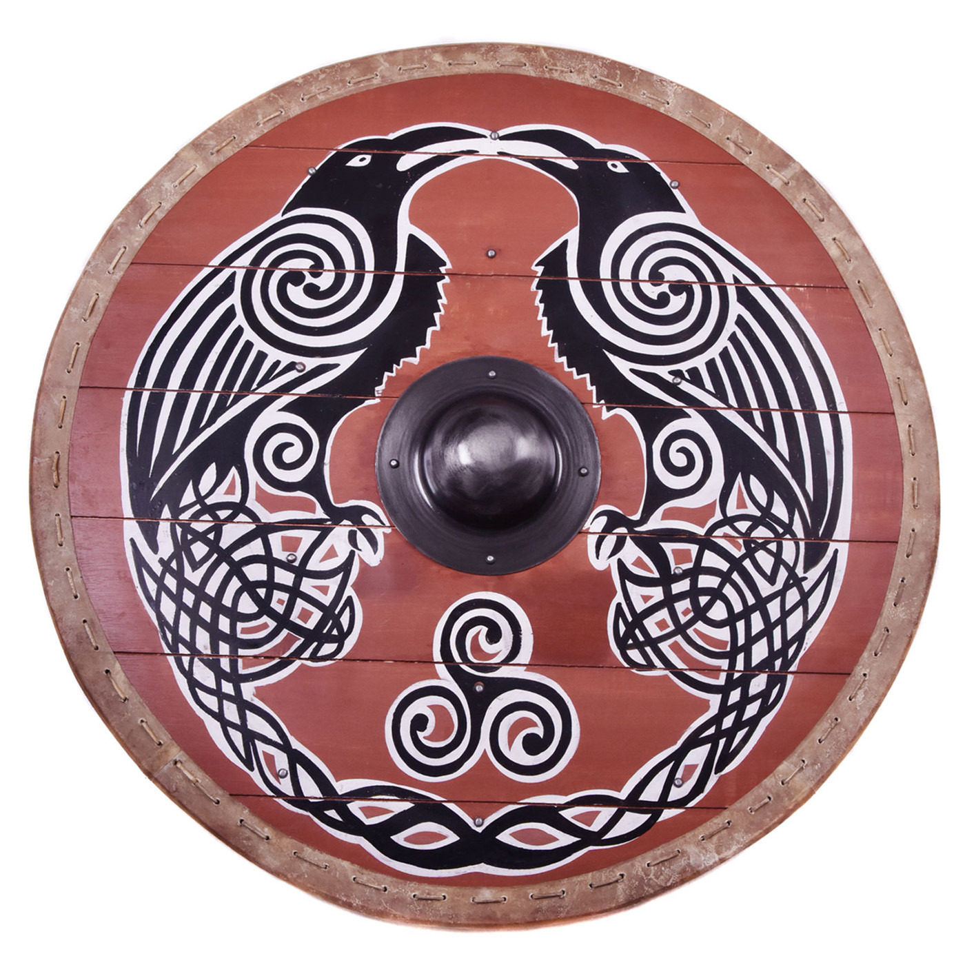 Wikingerschild Hugin und Munin 80 cm mit Stahlbuckel, Raben und Triskele