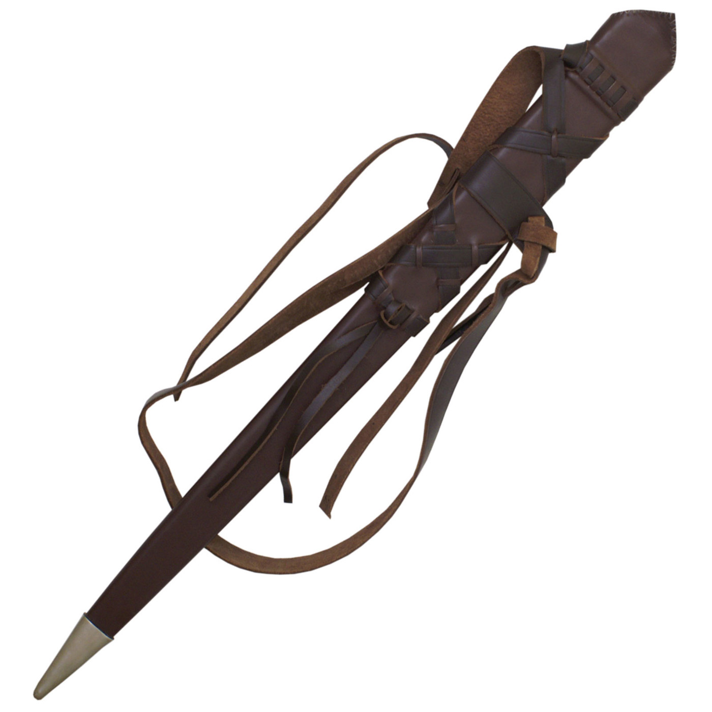 Braune Schwertscheide mit Holzkern, Rindsleder, Ledergürtel und metallischem Ortblech
