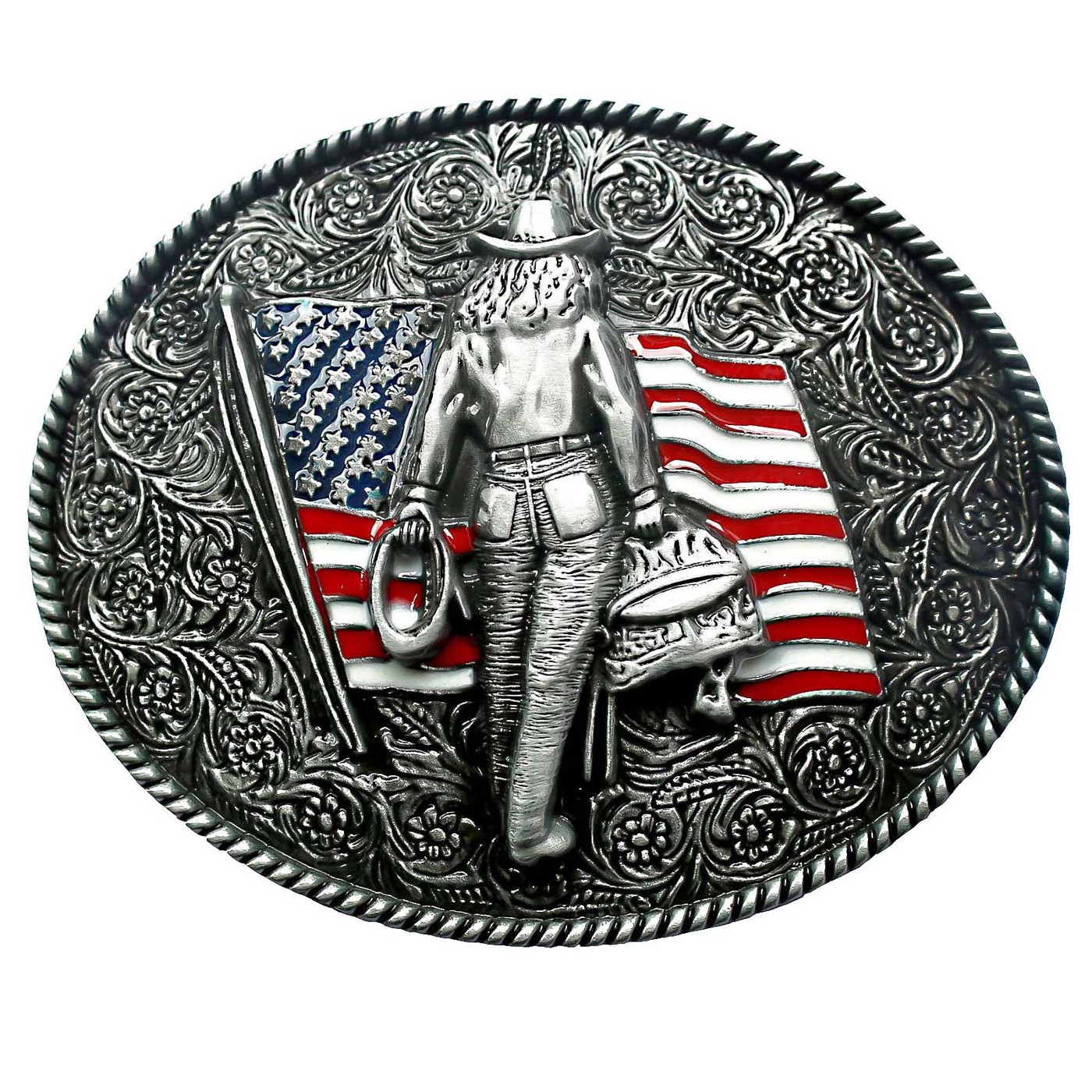 Western-Gürtelschnalle GS-437 aus Zinklegierung mit Cowgirl, Westernsattel und US-Flagge