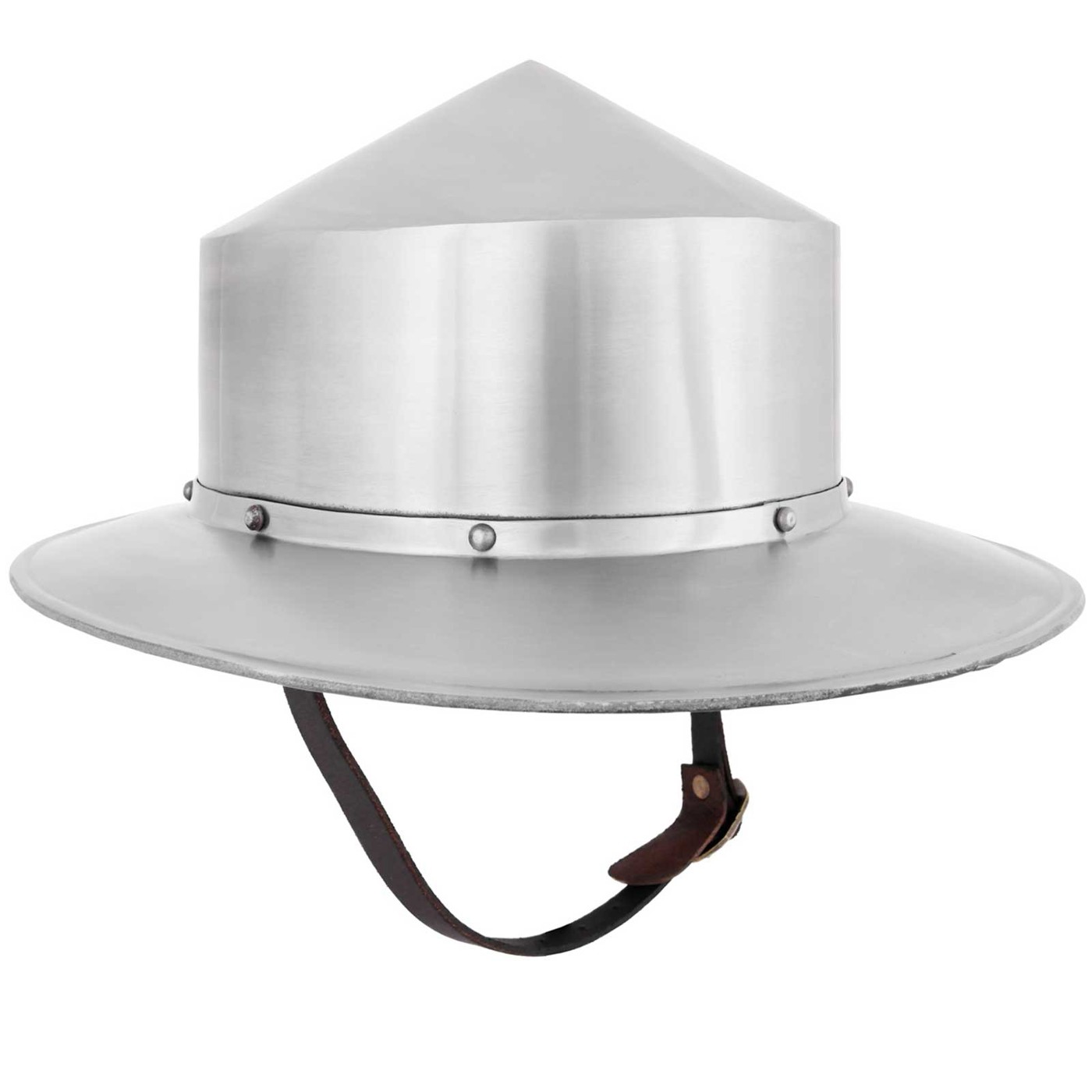 Eisenhut 13. Jahrhundert aus 1,6 mm Stahl mit Leder-Kinnriemen
