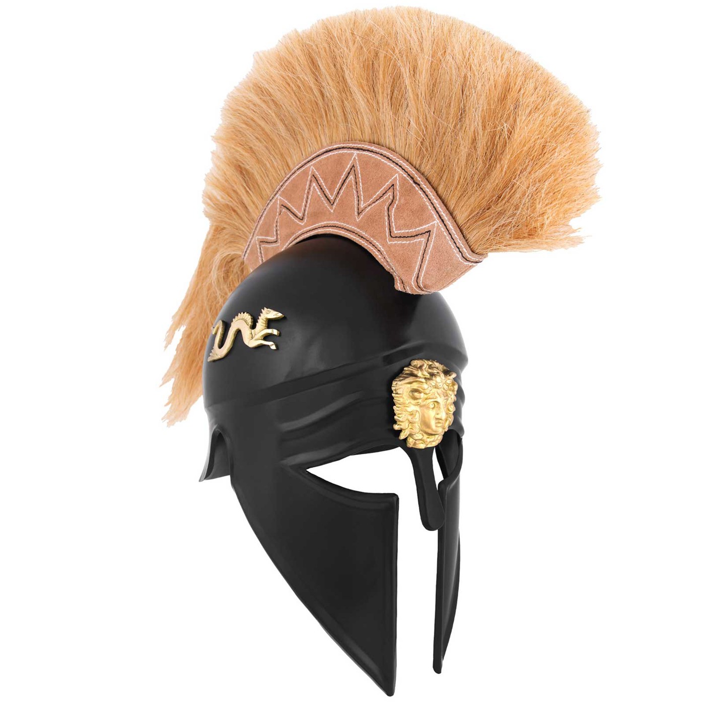 Schwarzer Italo-Korintherhelm aus Stahl mit hellem Helmbusch vor weißem Hintergrund