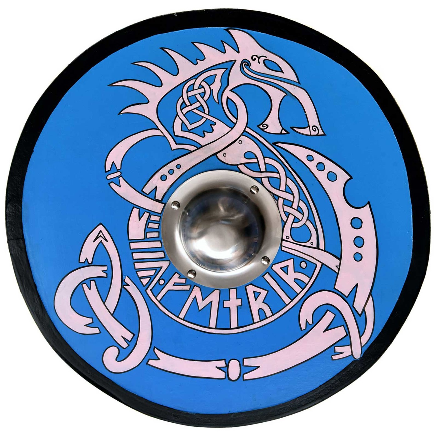 Wikingerschild mit Fenrir-Motiv, Runen und Stahlbuckel auf weißem Hintergrund