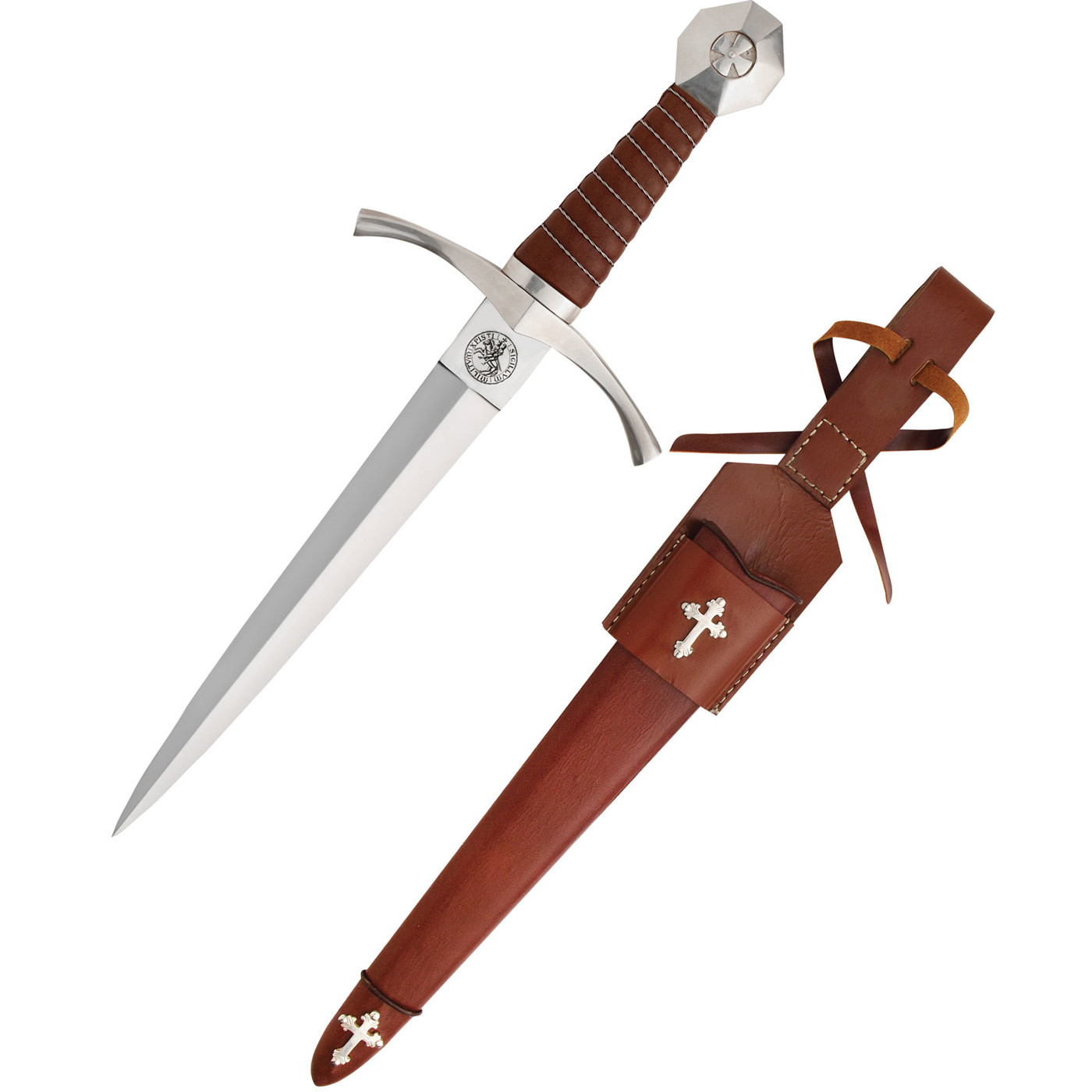 Accolade Dolch von Windlass mit brauner Lederscheide und versilberten Kreuzverzierungen