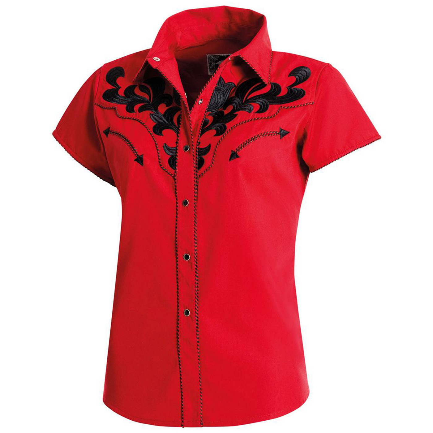 Western-Kurzarmbluse rot mit schwarzen Stickereien und Druckknöpfen von Stars & Stripes