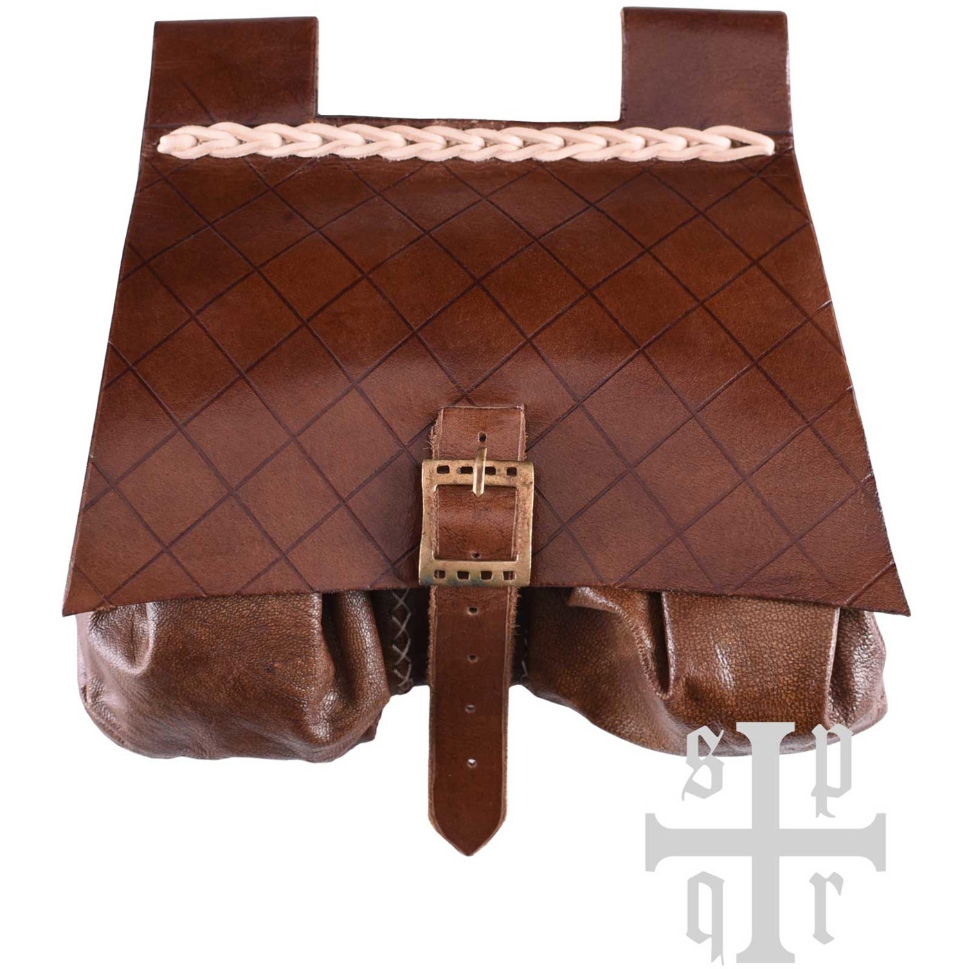 Mittelalterliche Gürteltasche aus braunem Leder mit Messingschnalle