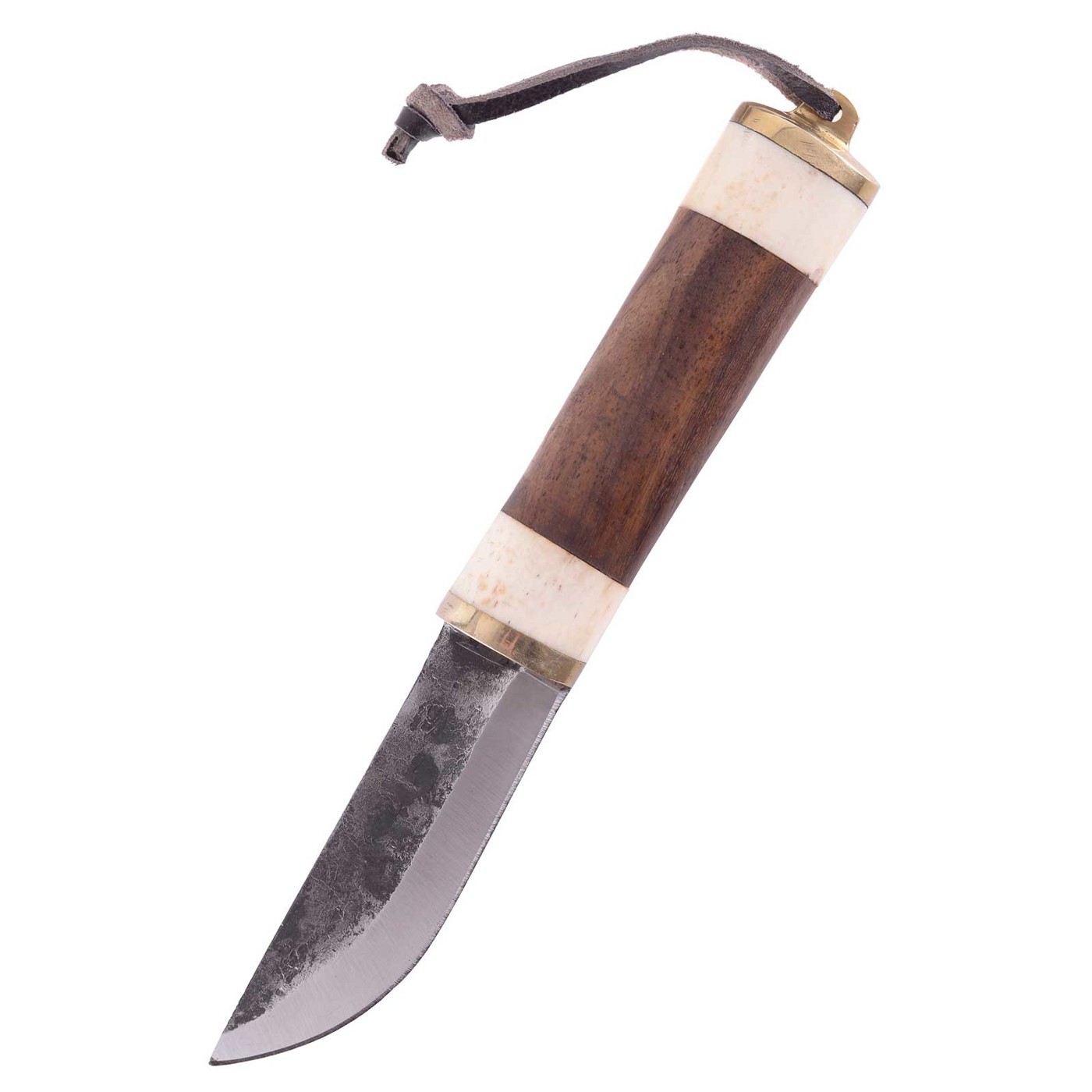 Gebrauchsmesser mit Karbonstahlklinge, Holz-Knochen-Griff und Leder-Fangriemen