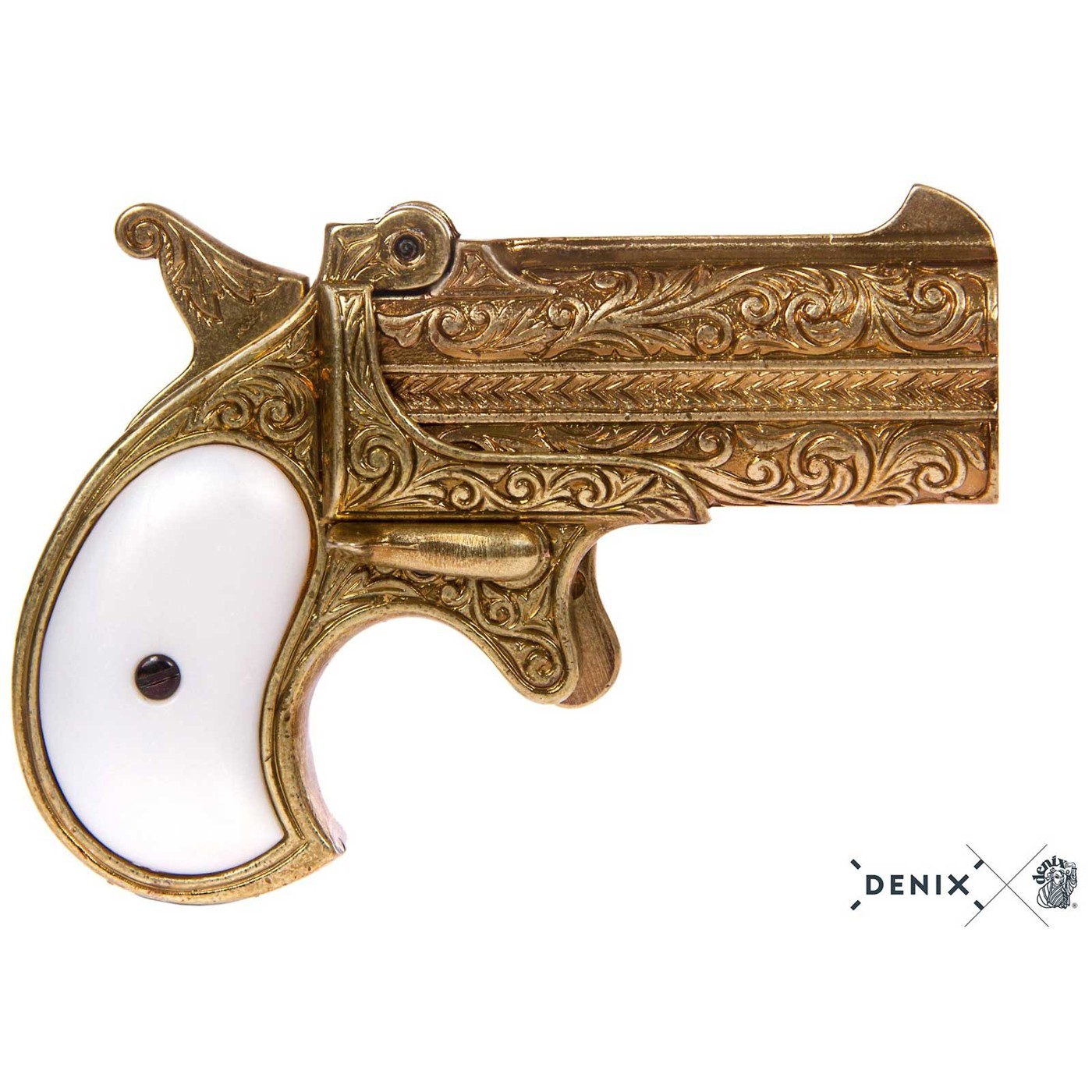 Verzierte Derringer 1866 mit Kippmechanik und weißem Griff
