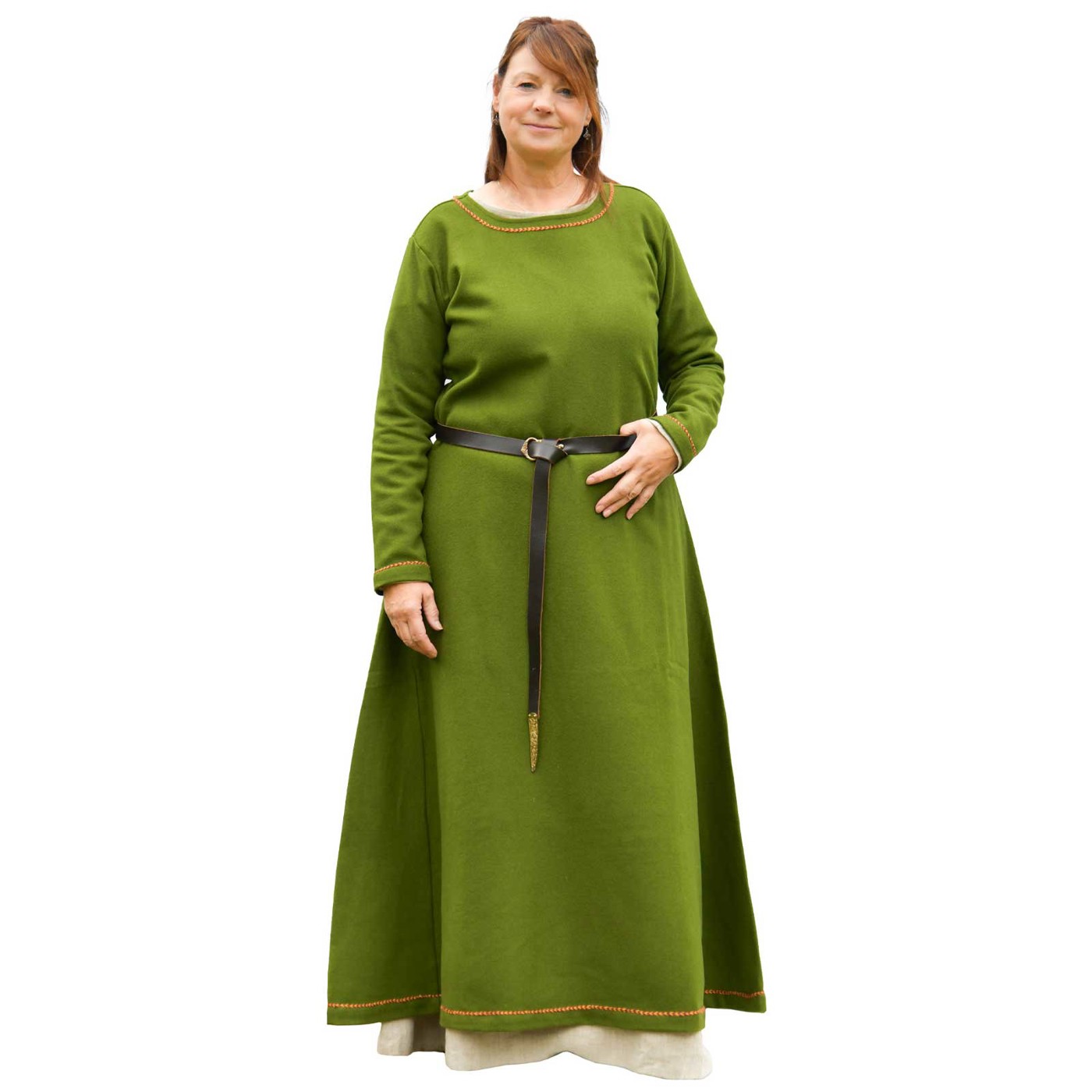 Grünes Mittelalter-Wollkleid Forseti aus 100 % Wolle mit Rundhalsausschnitt und Zierborten