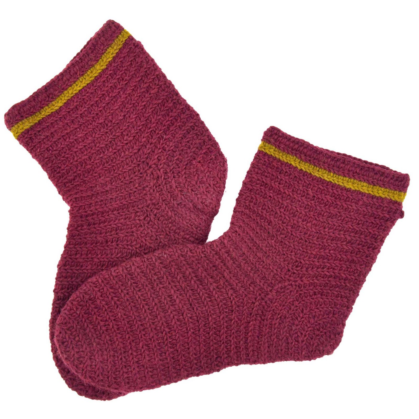 Paar burgund-grüne Wollsocken Forseti mit ausgearbeiteter Ferse und dichtem Häkelmuster