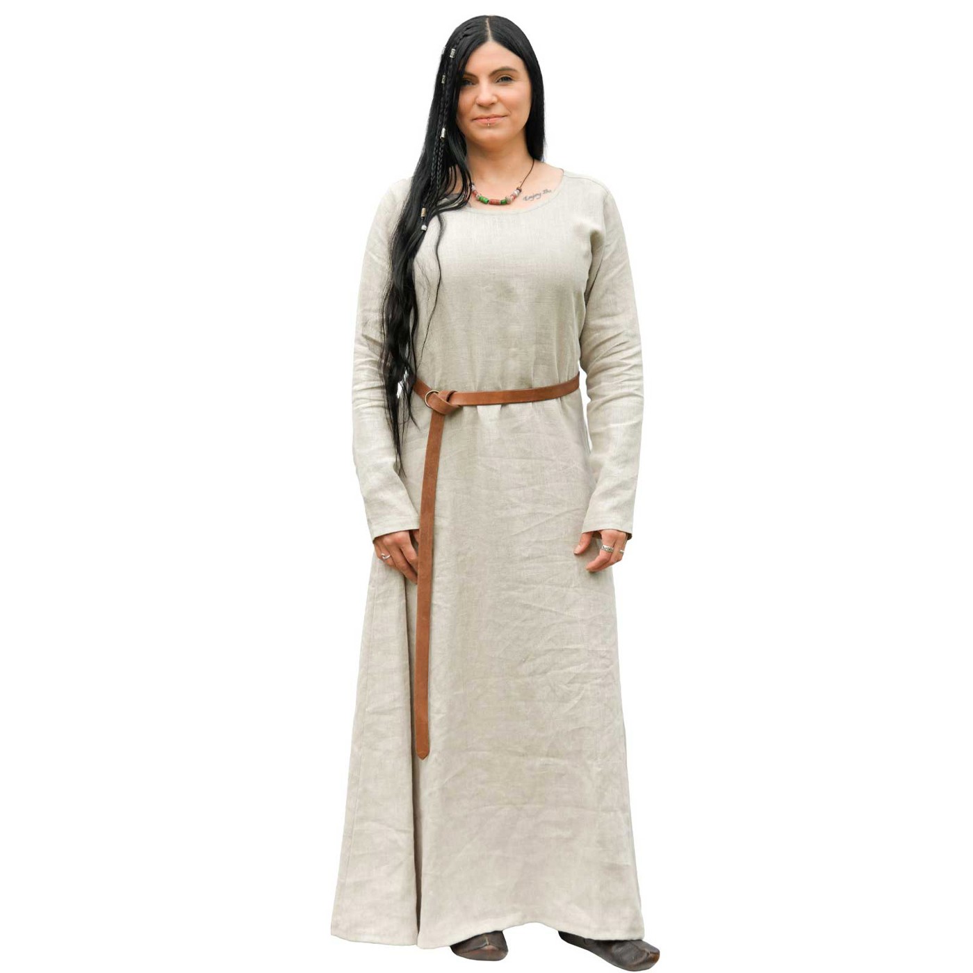 Naturfarbenes Mittelalter Leinenkleid Forseti aus 100 % Leinen mit langen Ärmeln und Rundhalsausschnitt
