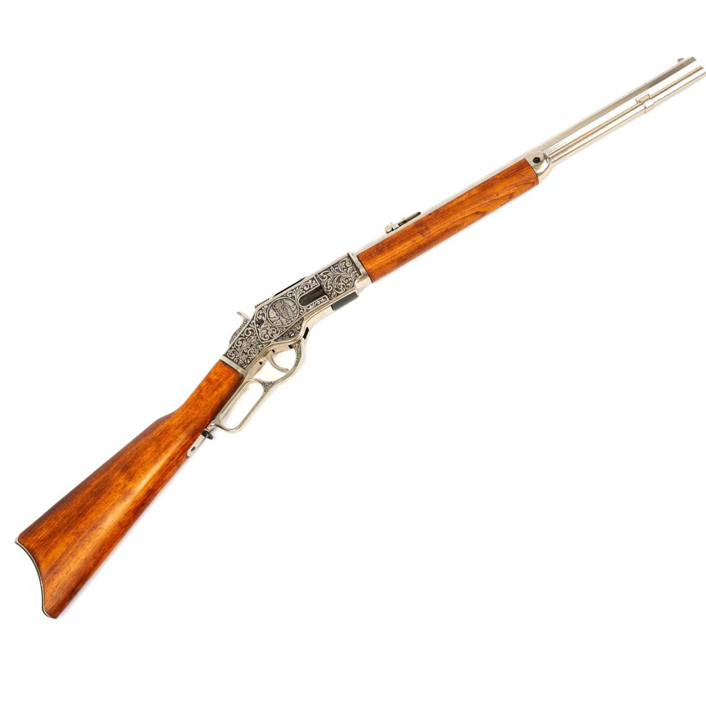Gravierte Winchester 1873 von Denix mit vernickeltem Lauf und braunem Holzschaft