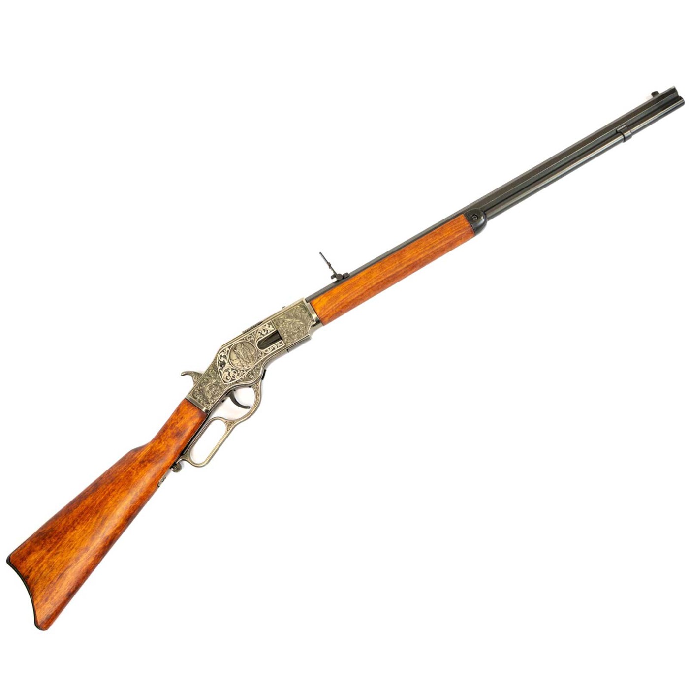 Winchester 1873 mit Holzschaft, langem dunklem Lauf und verziertem Metallgehäuse